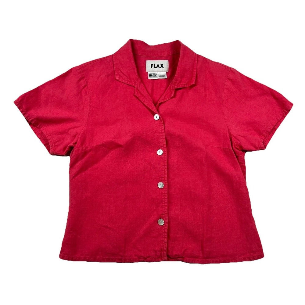 Flax Top Womens Small Crop Shirt Button Up 100% Linen Salmon Pink Bohomian